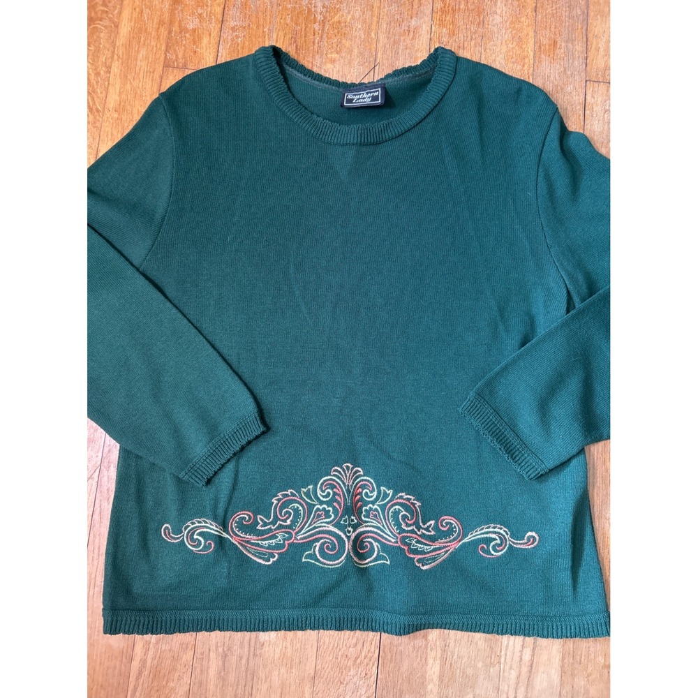 Southern Lady Womens Hunter Green Embroidered Scrollwork Knit Sweater Size M